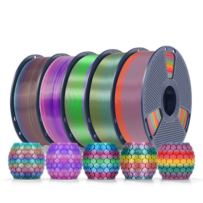 PLA Rainbow and SILK Rainbow 5KG Filament Bundle, 1KG per Roll, 5 Packs Bundle