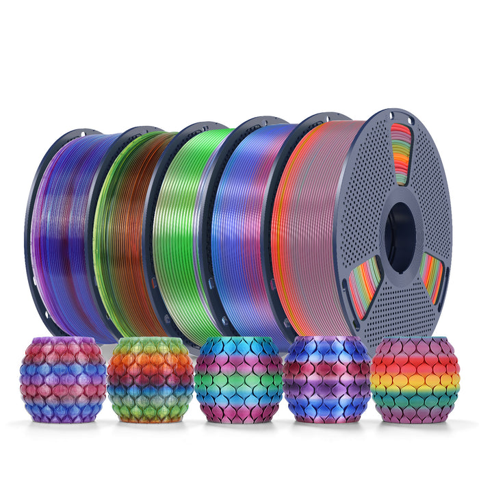 PLA Rainbow and SILK Rainbow 5KG Filament Bundle, 1KG per Roll, 5 Packs Bundle