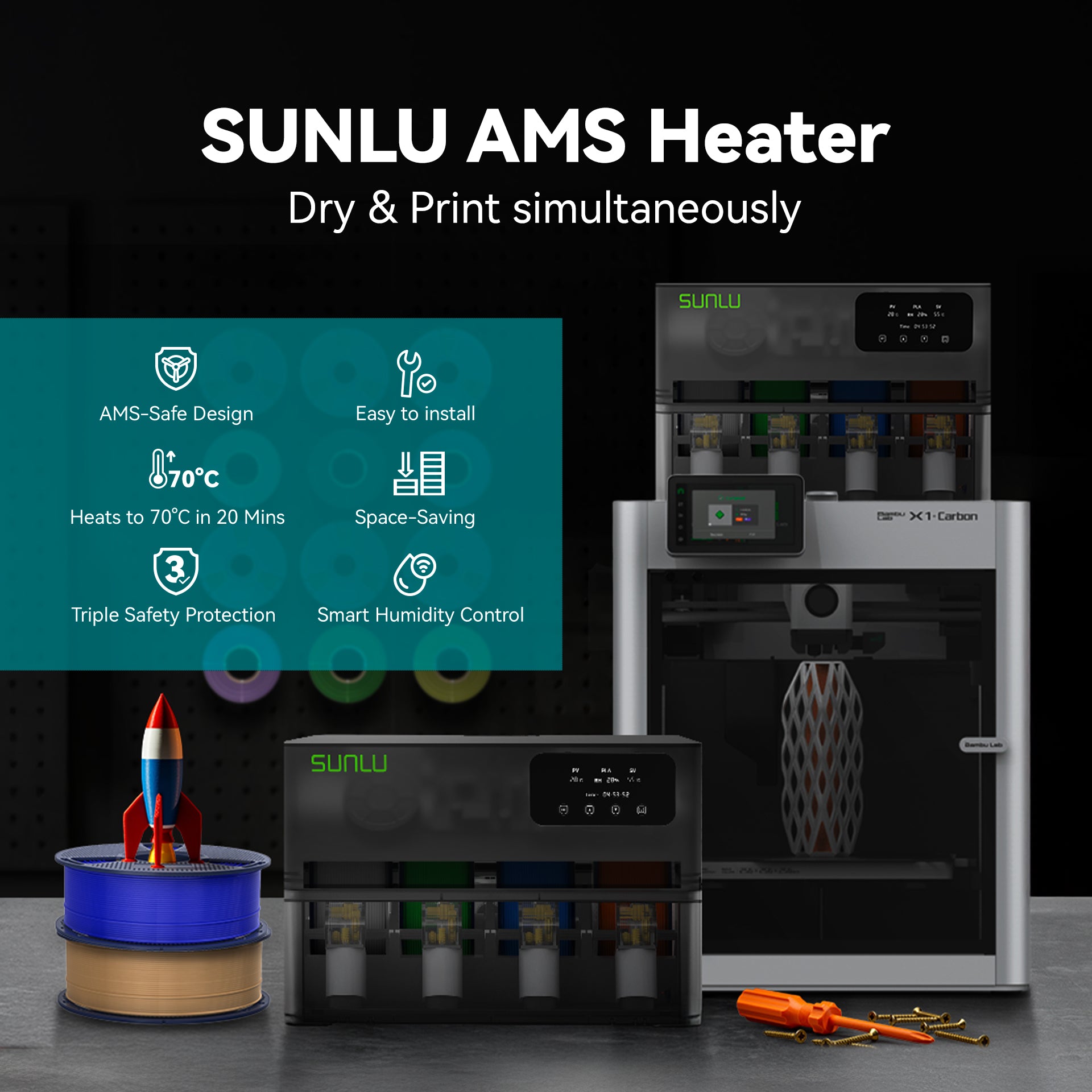 SUNLU AMS Heater, Upgraded your Bambu AMS, Enables Drying while